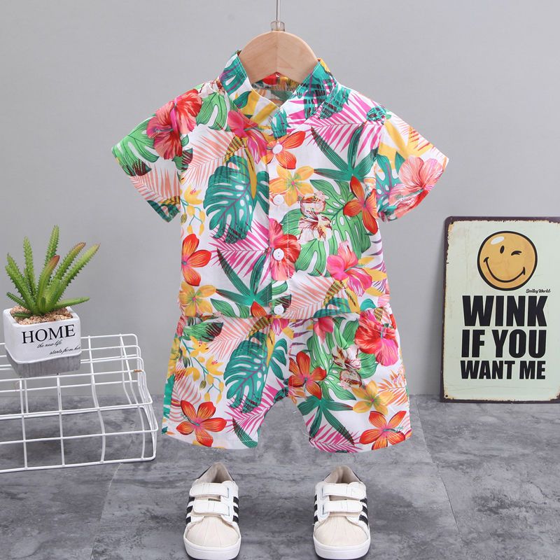 兒童短袖花襯衫2022新款男童夏裝洋氣襯衣寶寶夏季套裝男孩衣服潮