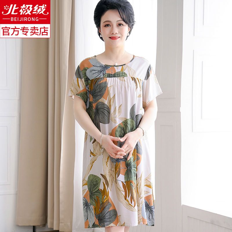 Arctic fleece middle-aged and elderly cotton silk nightdress women's summer loose large size mid-length short-sleeved dress home service pajamas