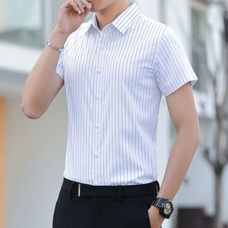 条纹短袖衬衫男夏季韩版潮流冰丝衬衣商务休闲青年男装上衣服寸衫