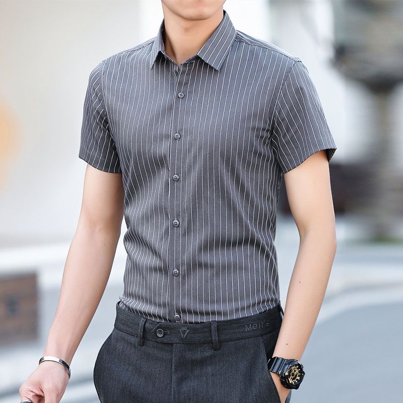 条纹短袖衬衫男夏季韩版潮流冰丝衬衣商务休闲青年男装上衣服寸衫