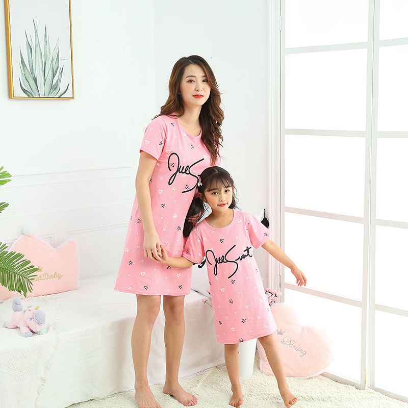 Children's nightdress short-sleeved summer girl cotton parent-child baby thin section princess dress girl pajamas parent-child home skirt