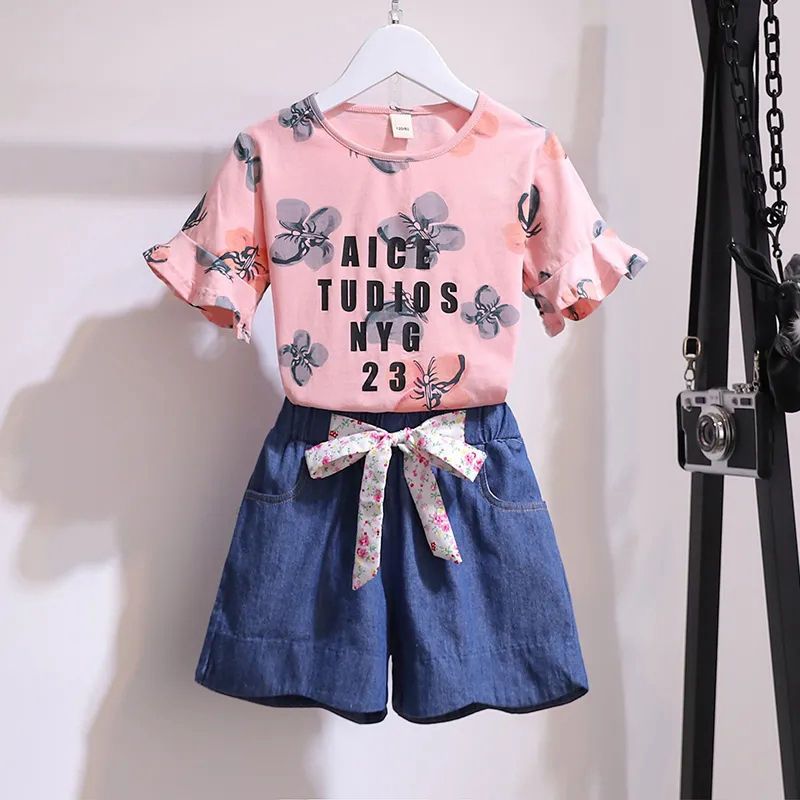 Girls' summer suit new foreign style fashion children's middle and big children Korean version t-shirt denim shorts two-piece set