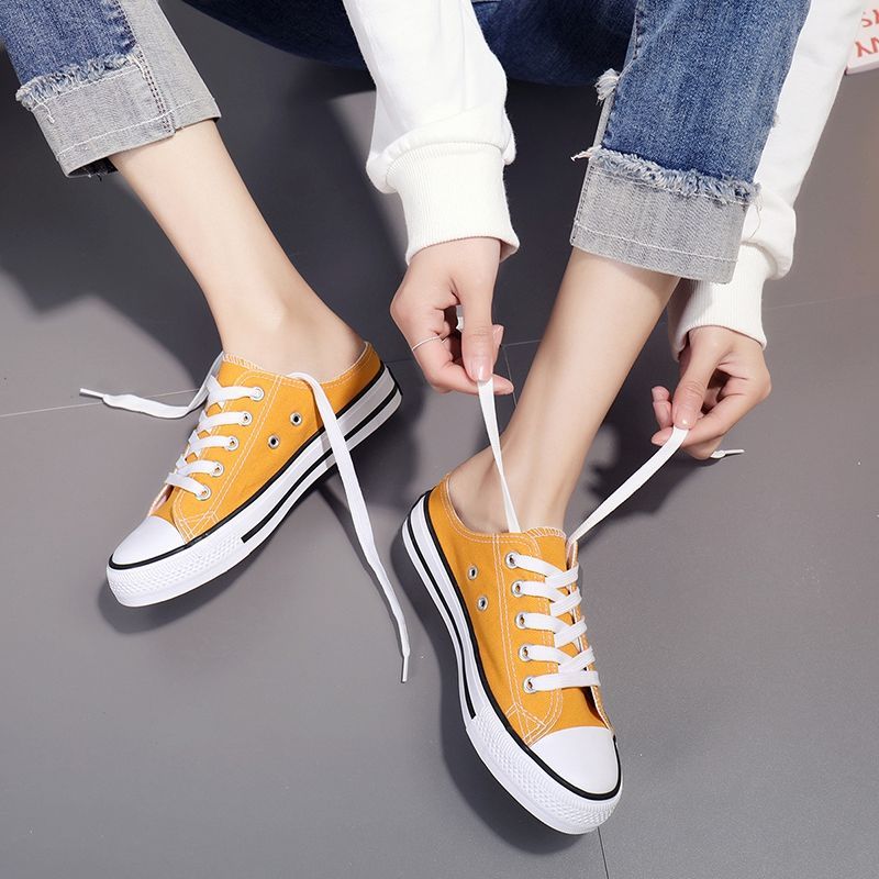 Half trailer canvas shoes female student Korean  new one foot lazy shoes ins fashionable cloth shoes no heels