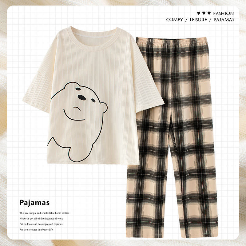 Pajamas women's summer cotton short-sleeved trousers suit Korean cartoon can be worn outside spring and autumn thin section home service