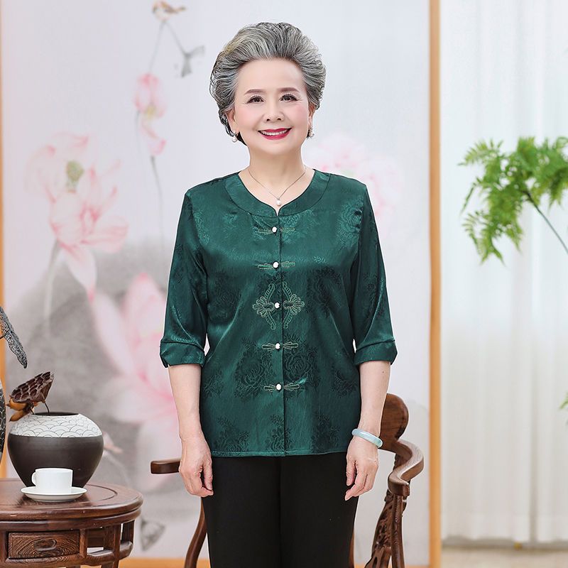 Grandma's spring dress shirt middle-aged and elderly women's shirt mother summer dress large size loose middle-sleeved old man's clothes