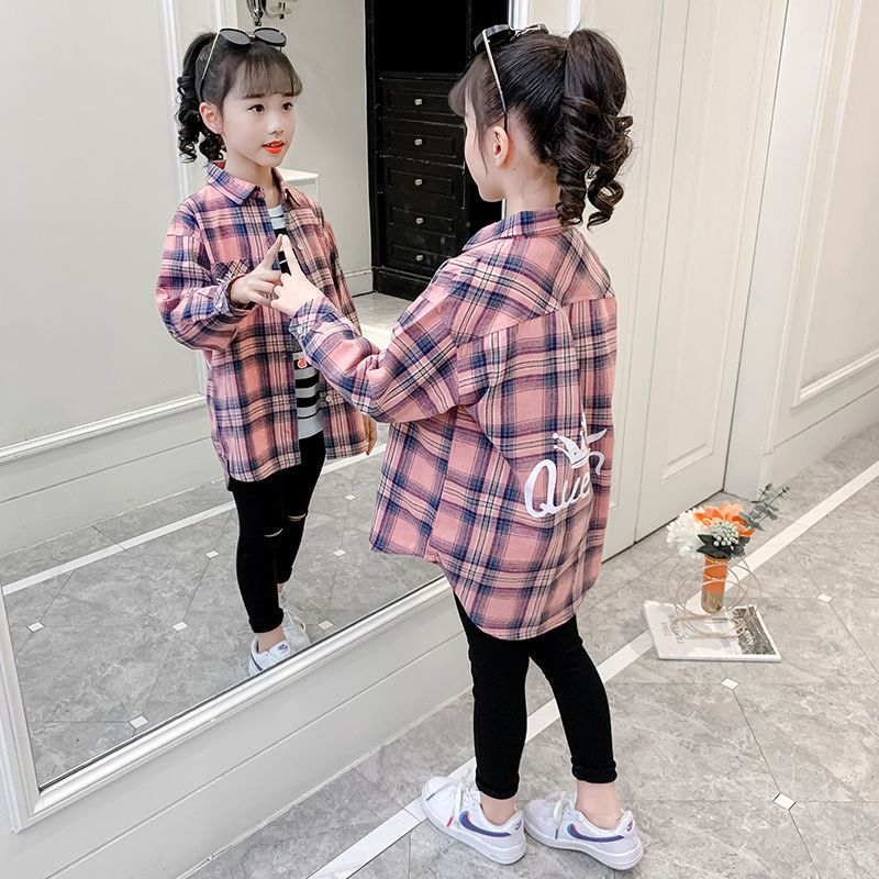 Girls plaid shirt long-sleeved spring and autumn Korean version of children's mid-length western-style tops fashionable middle-aged and big children's coat spring clothes