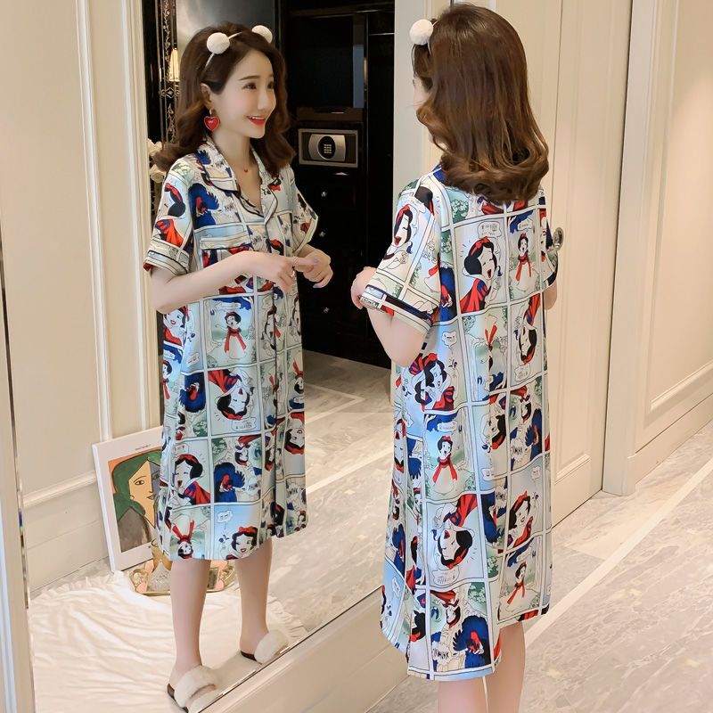 Nightdress female spring and autumn ice silk short-sleeved pajamas loose summer mid-length sweet thin section sexy can be worn outside home clothes