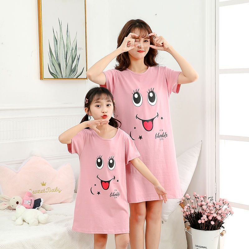 Children's nightdress short-sleeved summer girl cotton parent-child baby thin section princess dress girl pajamas parent-child home skirt