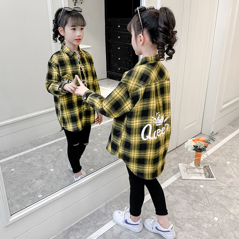 Girls plaid shirt long-sleeved spring and autumn Korean version of children's mid-length western-style tops fashionable middle-aged and big children's coat spring clothes