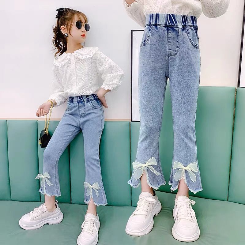 女童牛仔褲喇叭褲春秋2021新款中大童韓版長褲兒童褲子女孩緊身褲