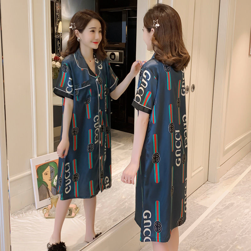 Nightdress female spring and autumn ice silk short-sleeved pajamas loose summer mid-length sweet thin section sexy can be worn outside home clothes