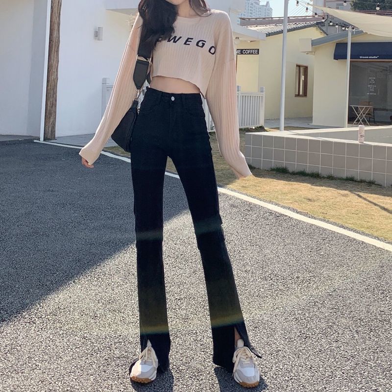 Small tall waist all-match drape floor trousers slightly flared slit jeans women's loose slim wide-leg flared trousers