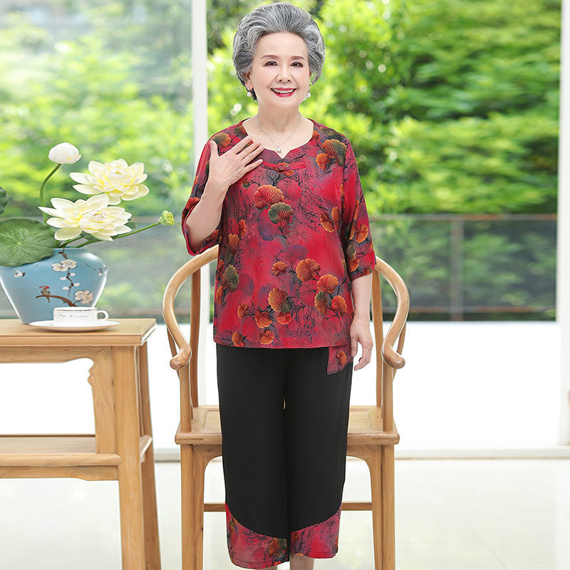 Middle-aged and elderly spring and summer women's grandma middle-sleeved mother cotton silk suit jacket and pants wife old man's clothes