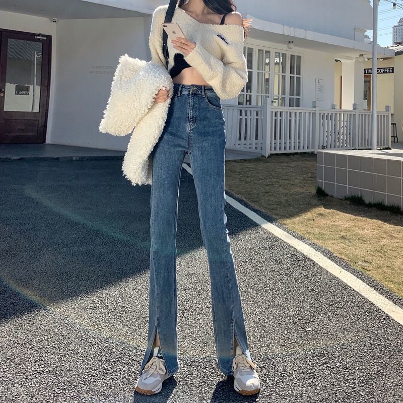 Small tall waist all-match drape floor trousers slightly flared slit jeans women's loose slim wide-leg flared trousers