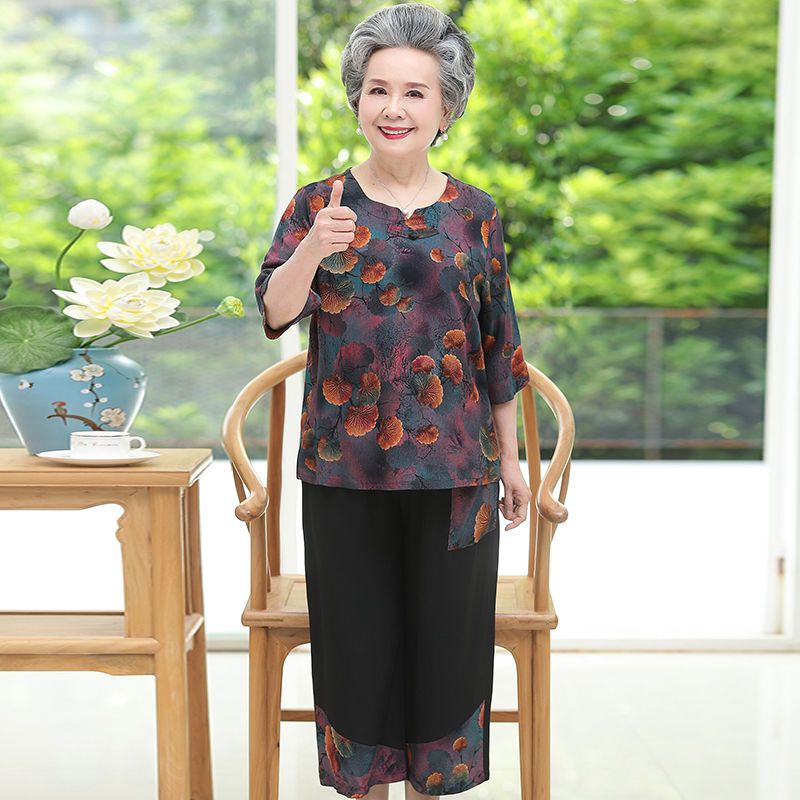 Middle-aged and elderly spring and summer women's grandma middle-sleeved mother cotton silk suit jacket and pants wife old man's clothes