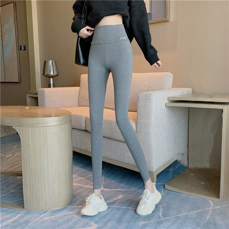 Gray leggings women's spring and autumn thin section outerwear pure cotton elastic letters high waist tight nine points plus size pants