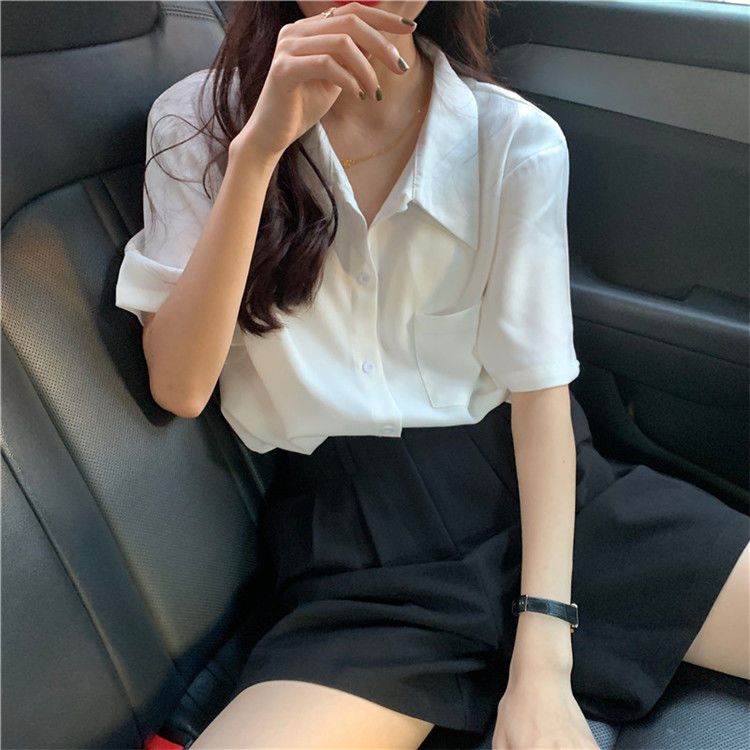 Hong Kong-style design sense suit collar professional casual short-sleeved shirt women's summer chiffon V-neck top loose all-match shirt