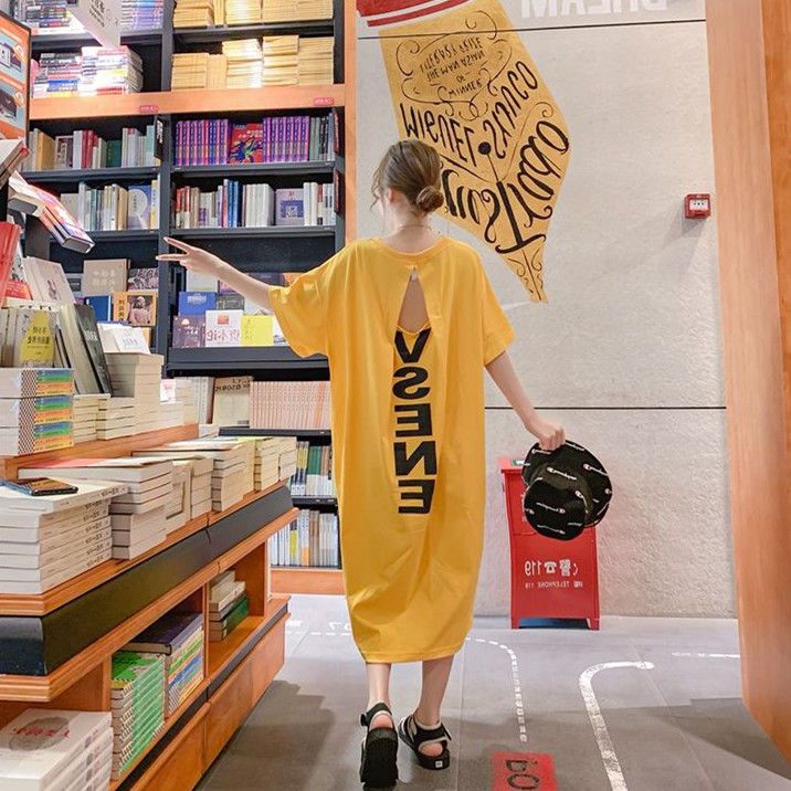 Fat MM extra large size 300 catties T-shirt long skirt 2023 summer loose belly hidden meat showing thin printed short-sleeved dress