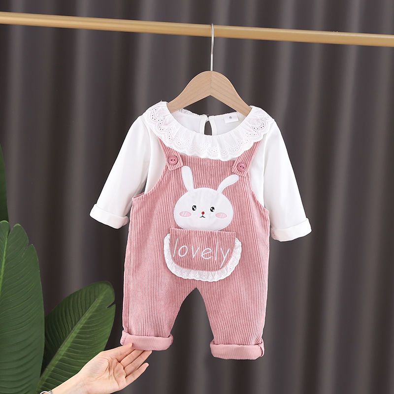 小女童春季嬰兒童衣服洋氣兩件套女寶寶春裝套裝0一1-2-3歲背帶褲