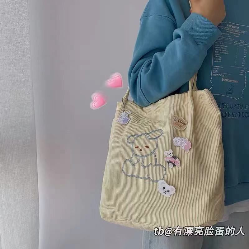 可愛帆布包女卡通刺繡單肩包新款日系ins手提包燈芯絨學生購物袋