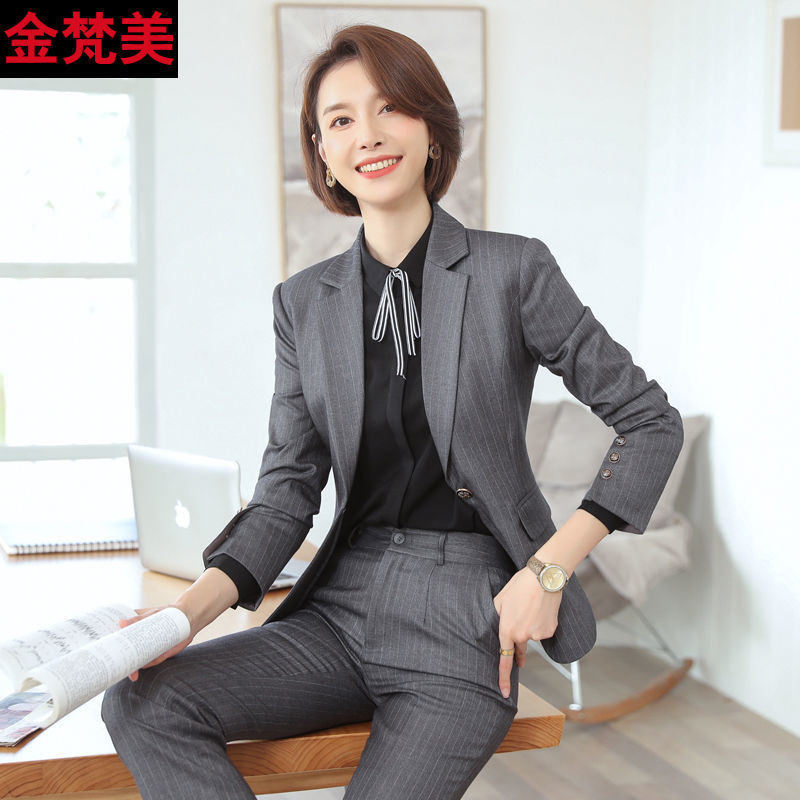 Gray striped suit suit femininity professional wear hotel front desk manager tooling female spring and autumn overalls