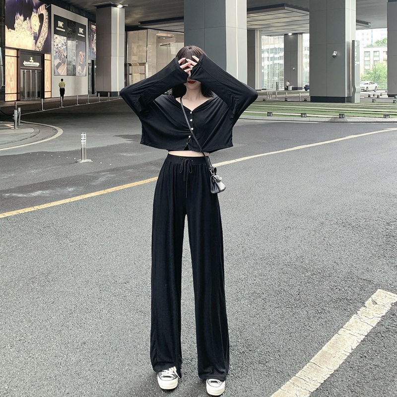 Early autumn fashion suit women 2023 new loose short long-sleeved cardigan high waist wide-leg pants casual three-piece suit
