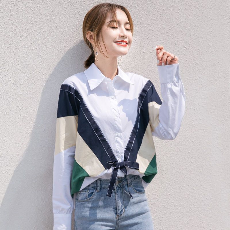 純棉拼接韓版寬鬆白襯衫女設計感小眾2023春新款韓版長袖寬鬆上衣