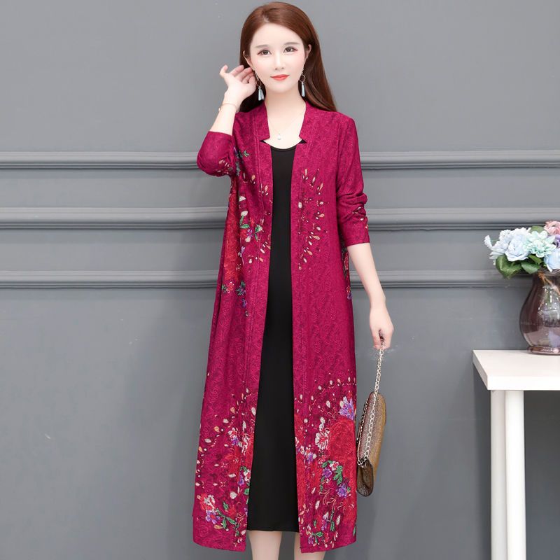 2023 shawl bronzing coat women's mid-length spring and autumn over-the-knee windbreaker plus fat plus size ethnic style mother cardigan