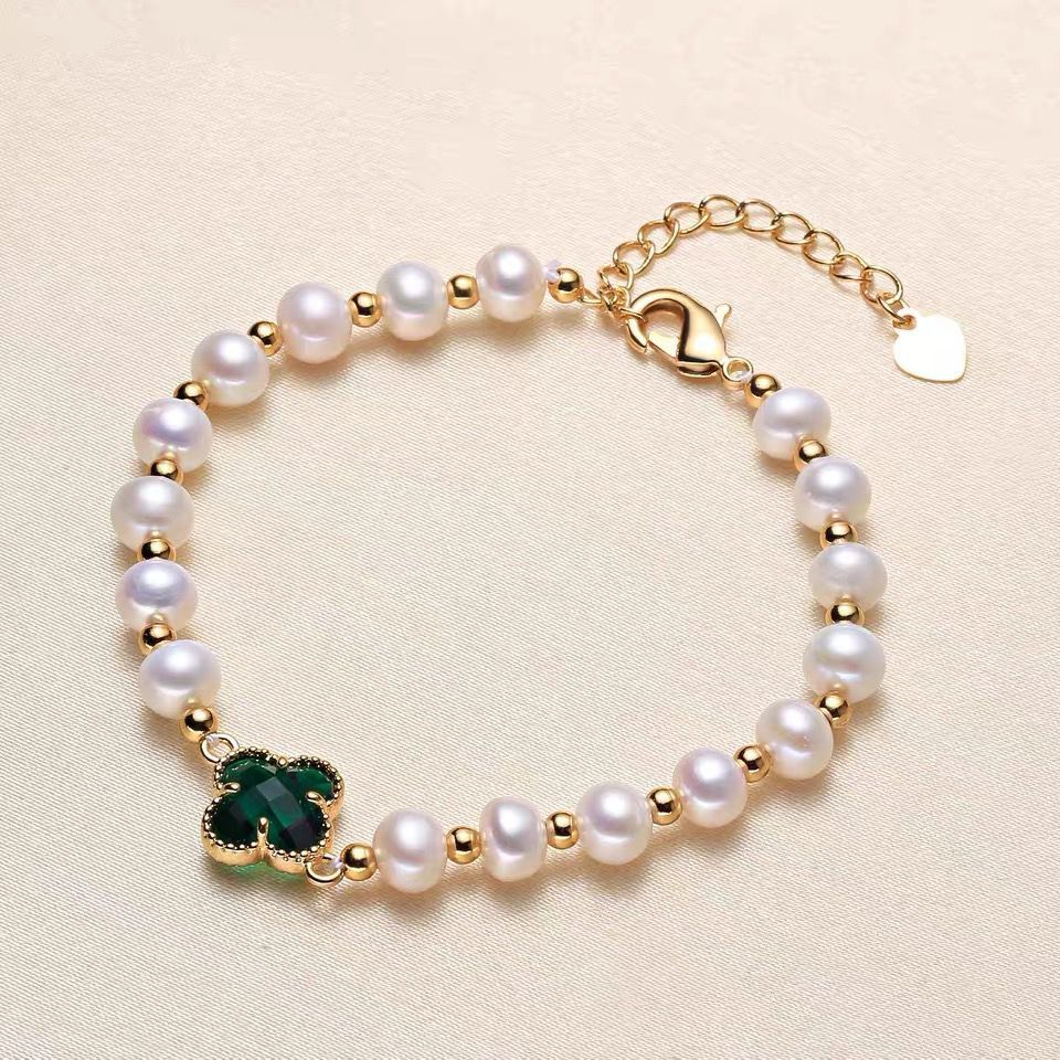 [Hot Style] Natural Freshwater True Pearl Bracelet for Female Students Korean Style Best Friend Style Summer New Four-Leaf Clover Gold Beads