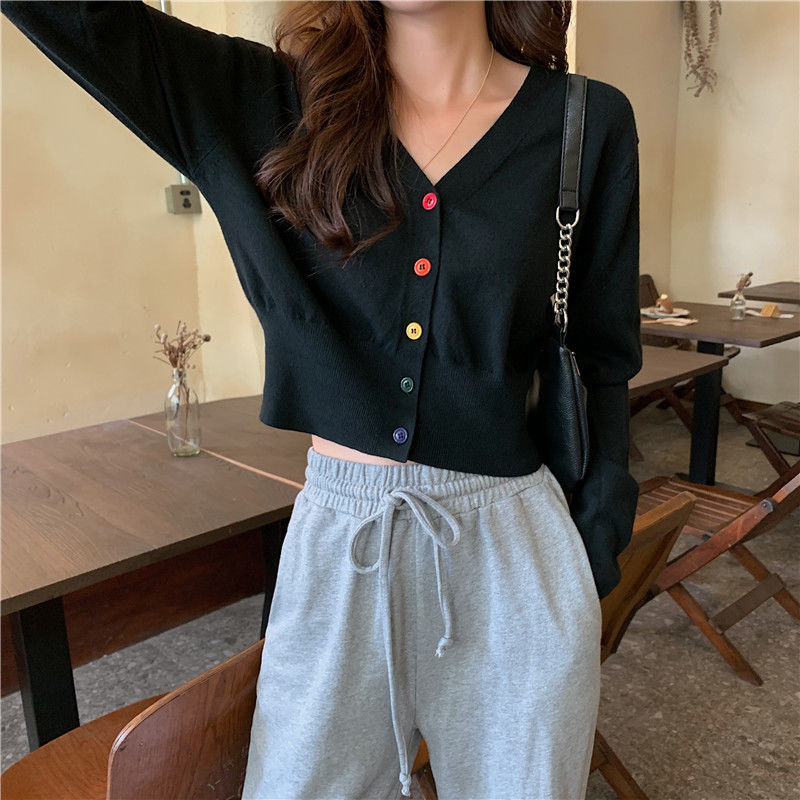 Spring short knitted cardigan top female student all-match air-conditioning shirt female thin section outer wear t-shirt long-sleeved sweater female