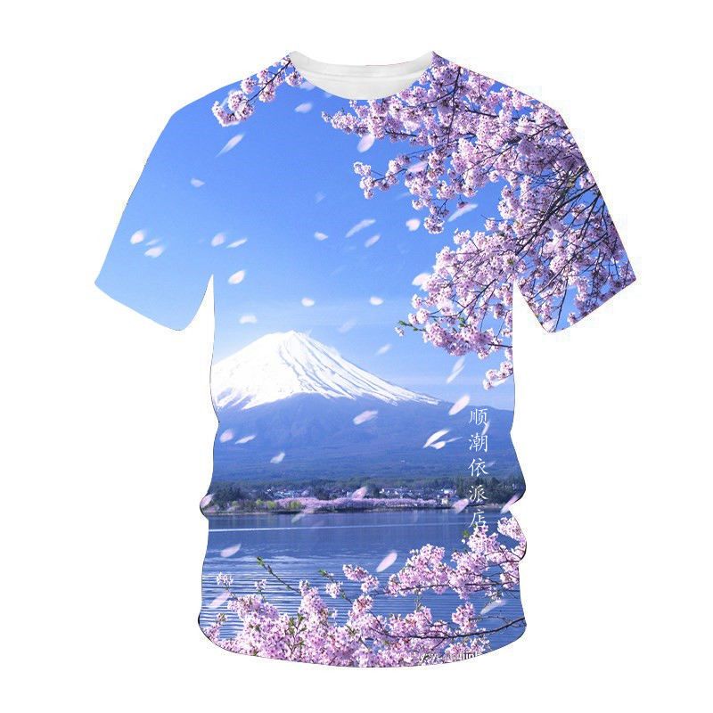 2021夏季新款 富士山下浪漫樱花 3d印花短袖 男生休闲圆领t恤衫