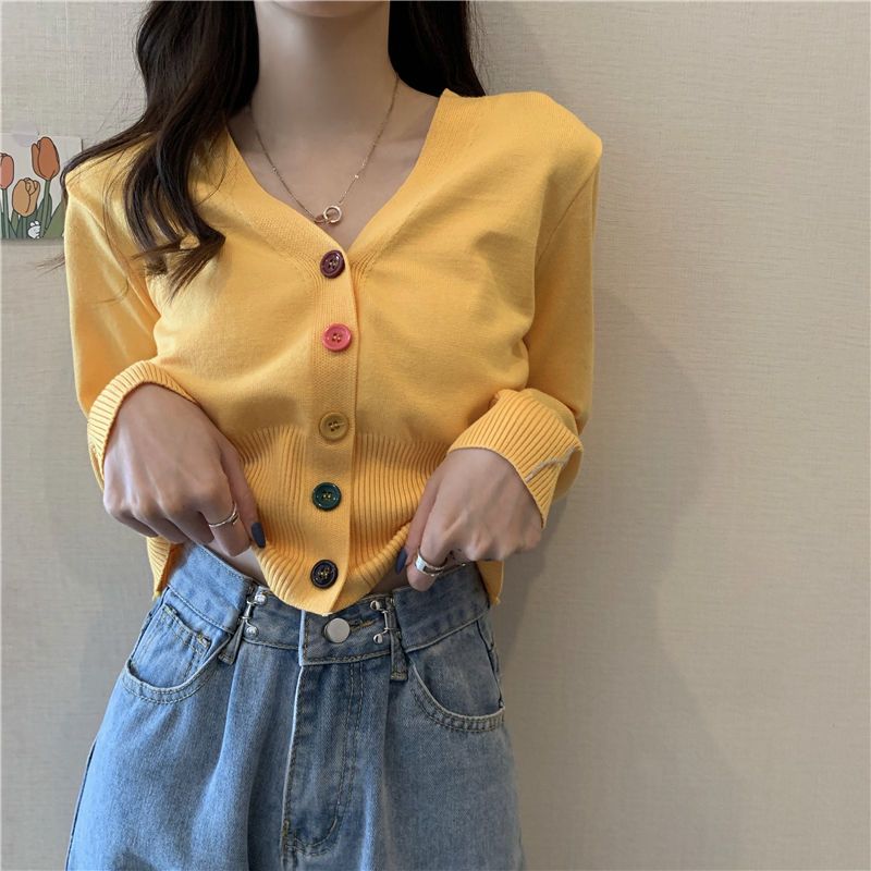 Spring short knitted cardigan top female student all-match air-conditioning shirt female thin section outer wear t-shirt long-sleeved sweater female