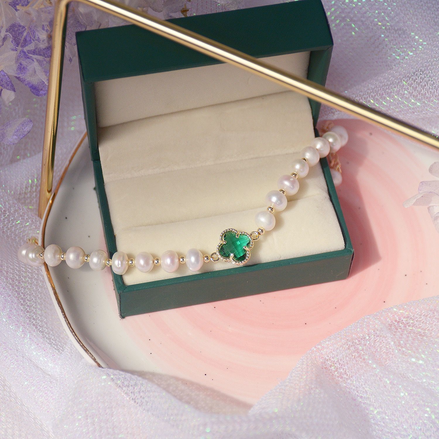 [Hot Style] Natural Freshwater True Pearl Bracelet for Female Students Korean Style Best Friend Style Summer New Four-Leaf Clover Gold Beads