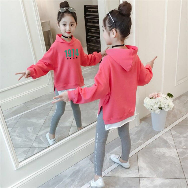 Sweater girls  new spring and autumn children's clothing foreign style long-sleeved sweater fake two pieces of medium and large children's casual clothes with cotton