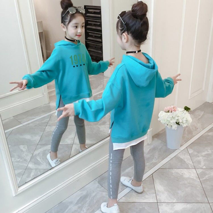 Sweater girls  new spring and autumn children's clothing foreign style long-sleeved sweater fake two pieces of medium and large children's casual clothes with cotton