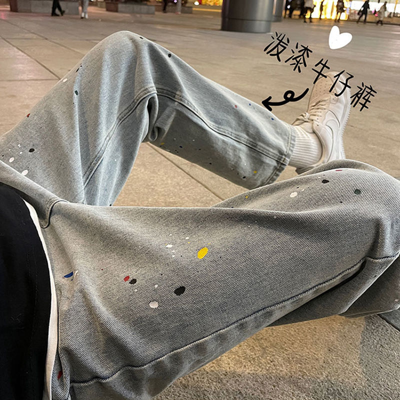 潑墨水洗牛仔褲男港風百搭韓版寬鬆直筒老爹褲子長褲春季ins潮流