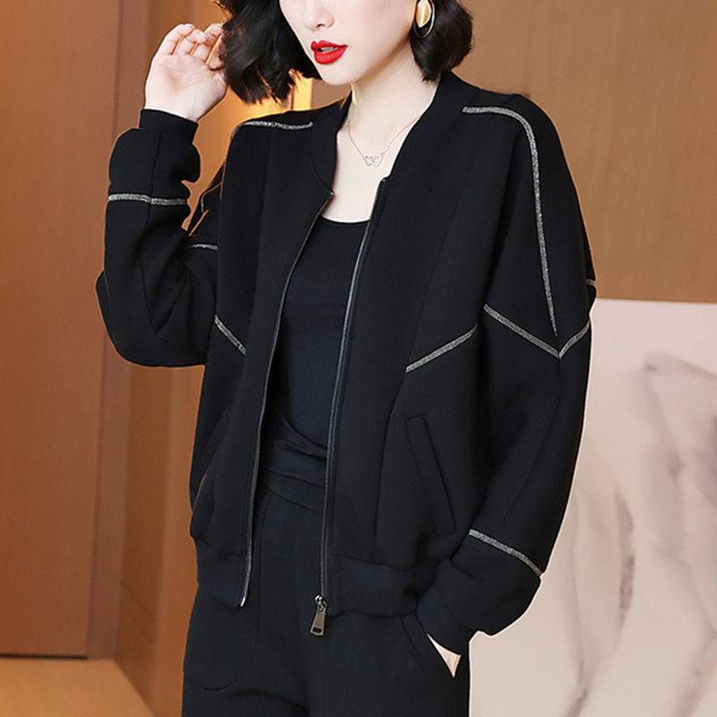 Black Thin Short Jacket Women's Long Sleeve  Spring and Autumn New Casual Loose Baseball Uniform Jacket Top