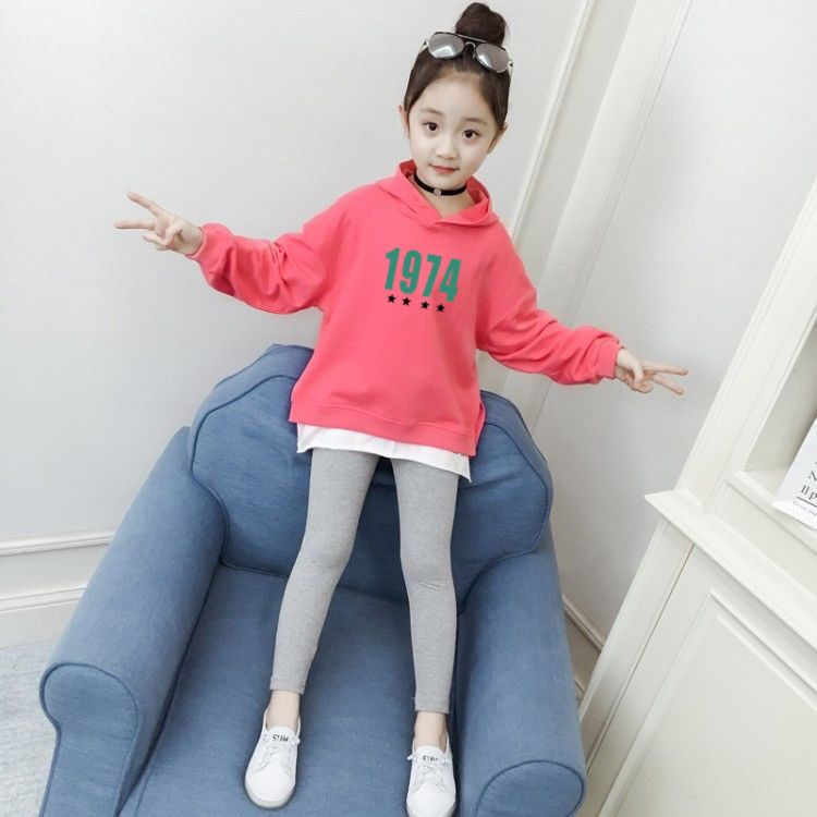 Sweater girls  new spring and autumn children's clothing foreign style long-sleeved sweater fake two pieces of medium and large children's casual clothes with cotton