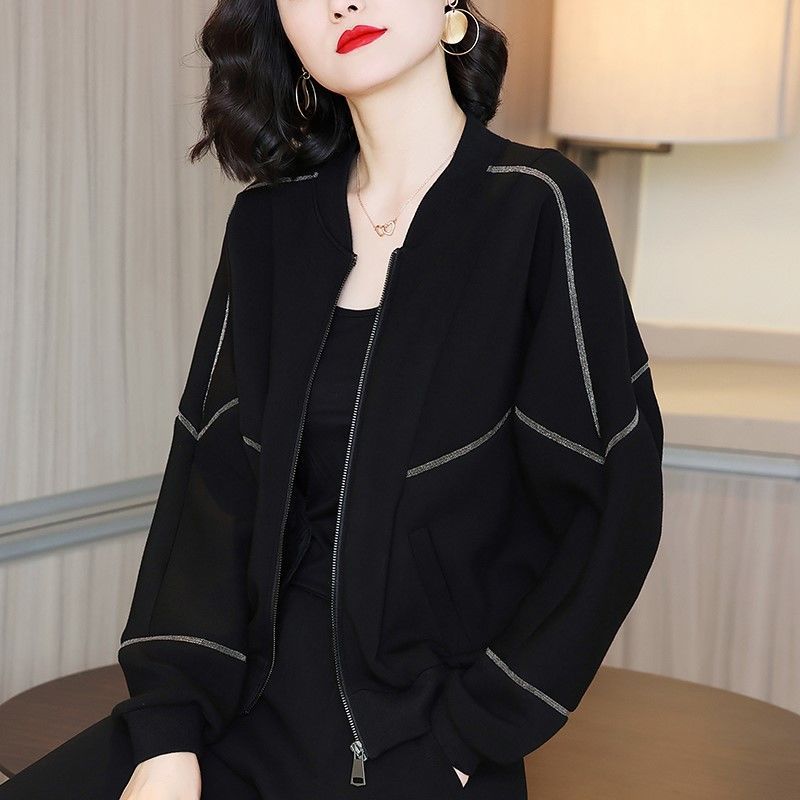 Black Thin Short Jacket Women's Long Sleeve  Spring and Autumn New Casual Loose Baseball Uniform Jacket Top