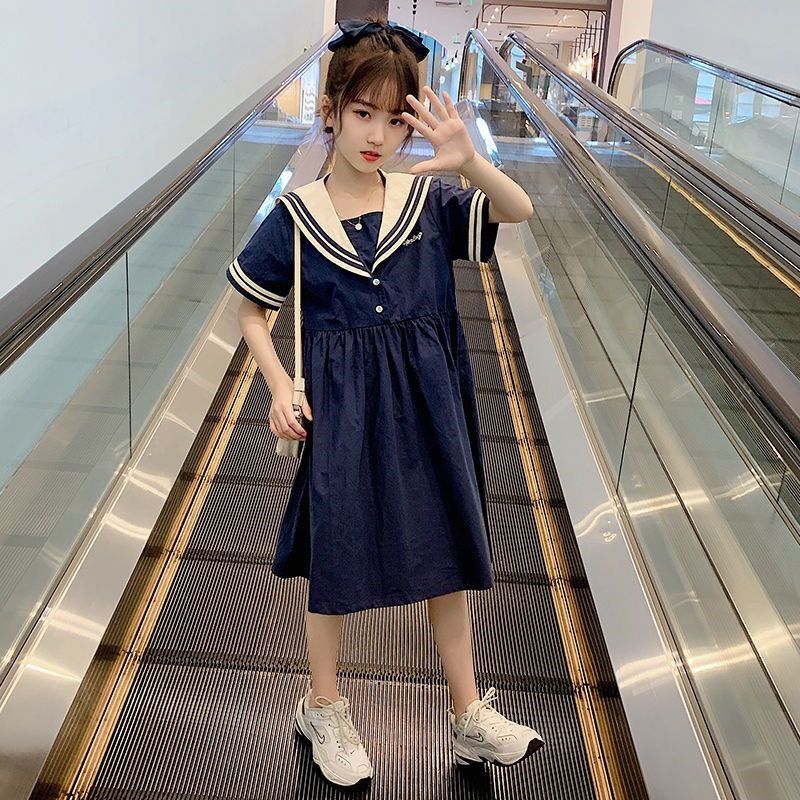 女童连衣裙2023夏装新款韩版洋气海军领裙子中大儿童装网红公主裙