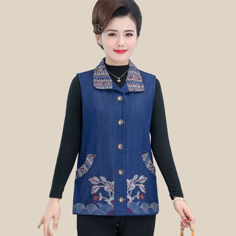 Middle-aged and elderly women spring and autumn wear waistcoat mother wear large size denim waistcoat thin vest jacket elderly women's vest
