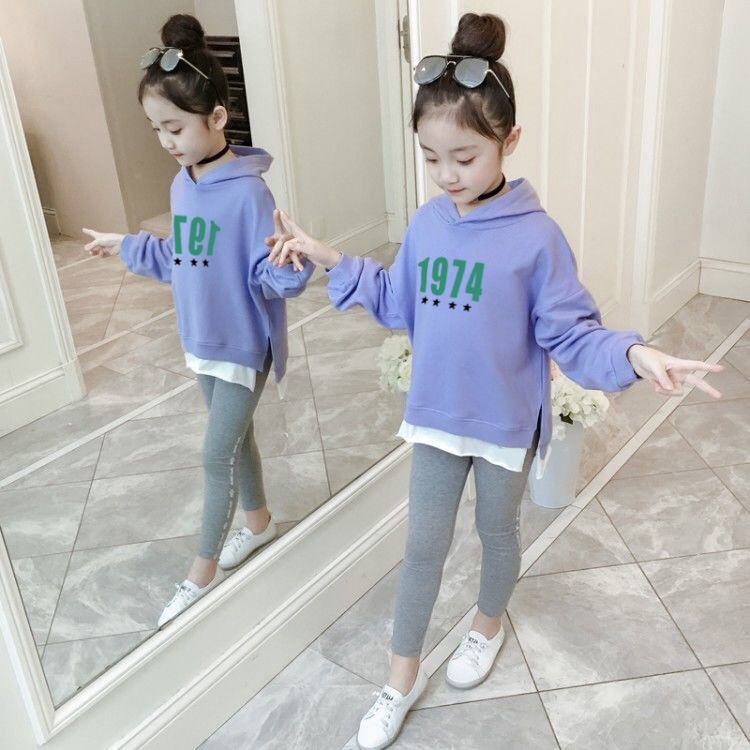 Sweater girls  new spring and autumn children's clothing foreign style long-sleeved sweater fake two pieces of medium and large children's casual clothes with cotton