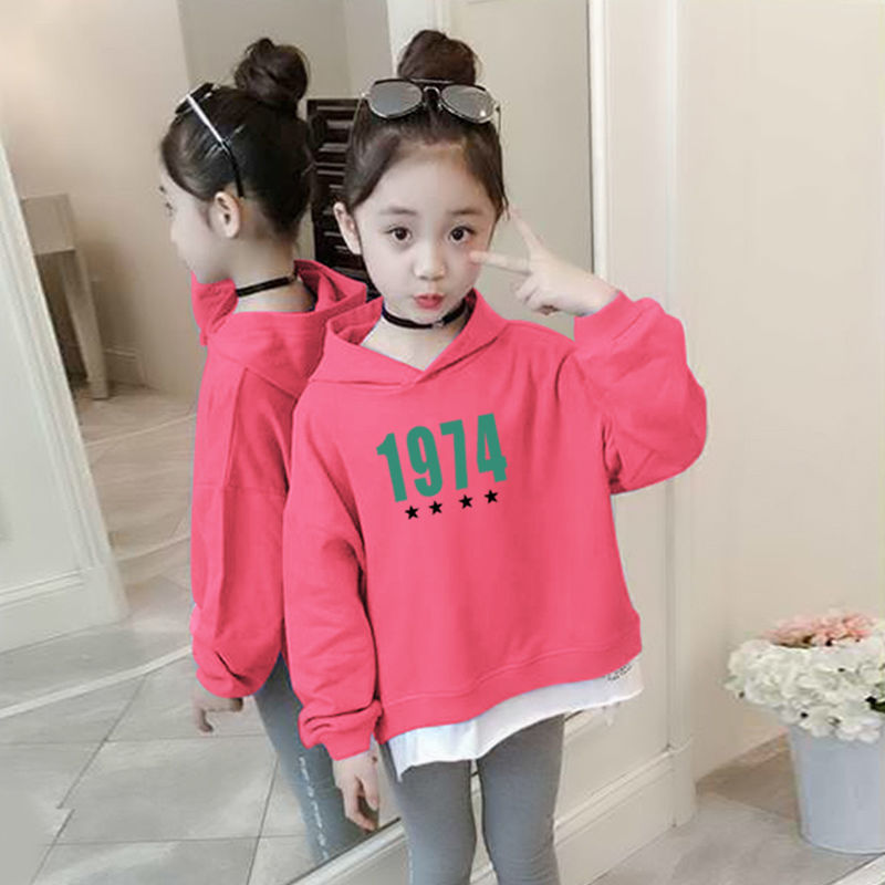 Sweater girls  new spring and autumn children's clothing foreign style long-sleeved sweater fake two pieces of medium and large children's casual clothes with cotton