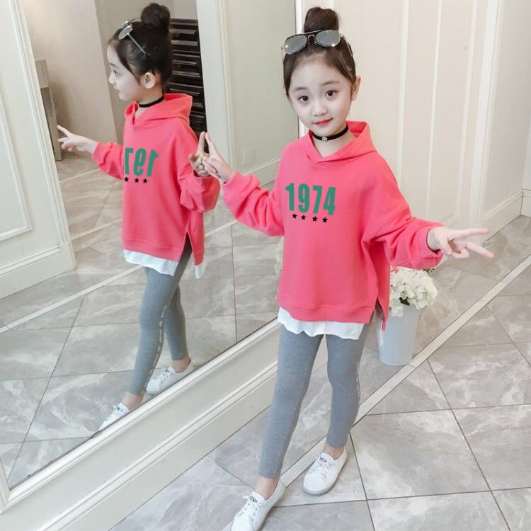 Sweater girls  new spring and autumn children's clothing foreign style long-sleeved sweater fake two pieces of medium and large children's casual clothes with cotton