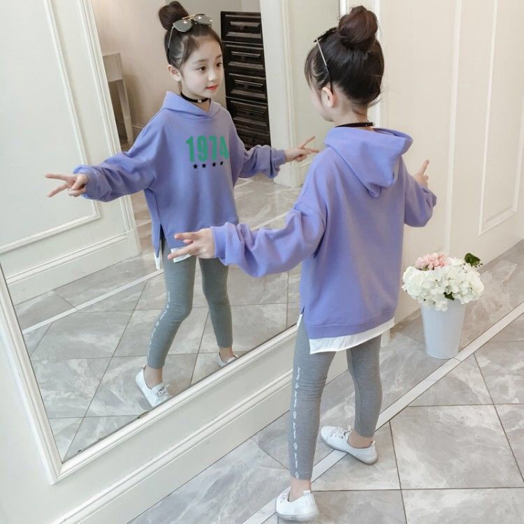 Sweater girls  new spring and autumn children's clothing foreign style long-sleeved sweater fake two pieces of medium and large children's casual clothes with cotton