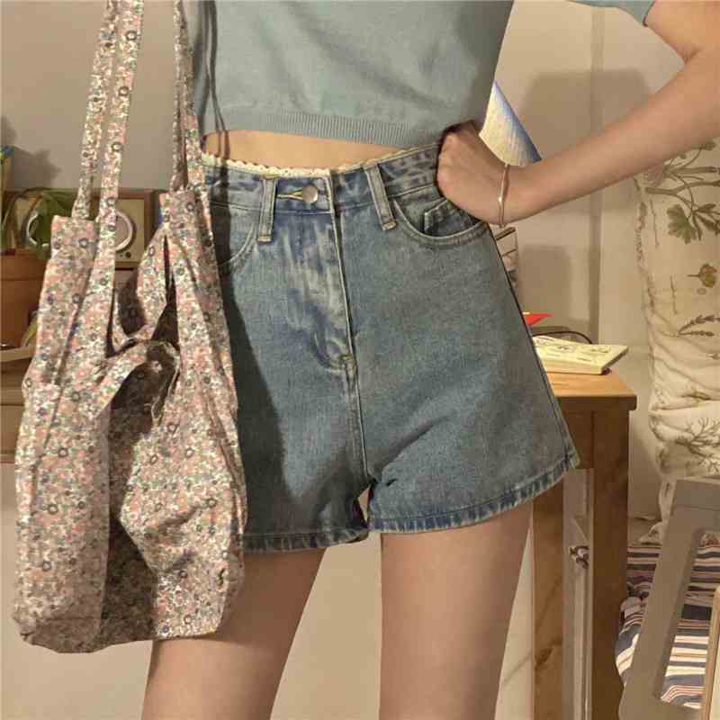 蕾絲邊牛仔短褲女夏季韓版新款ins寬鬆顯瘦高腰a字闊腿熱褲子