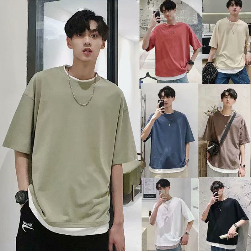 Summer fake two-piece short-sleeved t-shirt men's splicing round neck ins tide brand Hong Kong style loose and versatile trendy five-quarter sleeve top