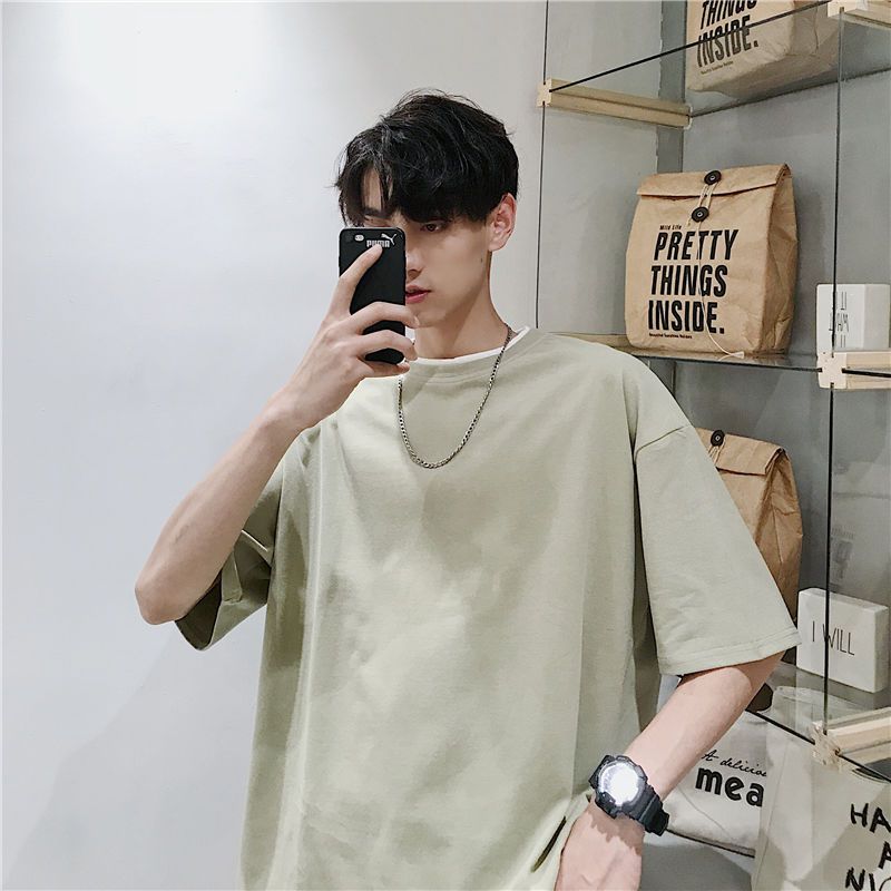 Summer fake two-piece short-sleeved t-shirt men's splicing round neck ins tide brand Hong Kong style loose and versatile trendy five-quarter sleeve top