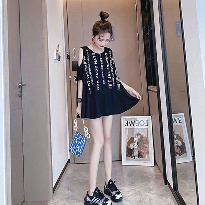 Fat MM extra large size 300 catties off-the-shoulder T-shirt skirt  summer loose belly hidden meat showing thin printed dress