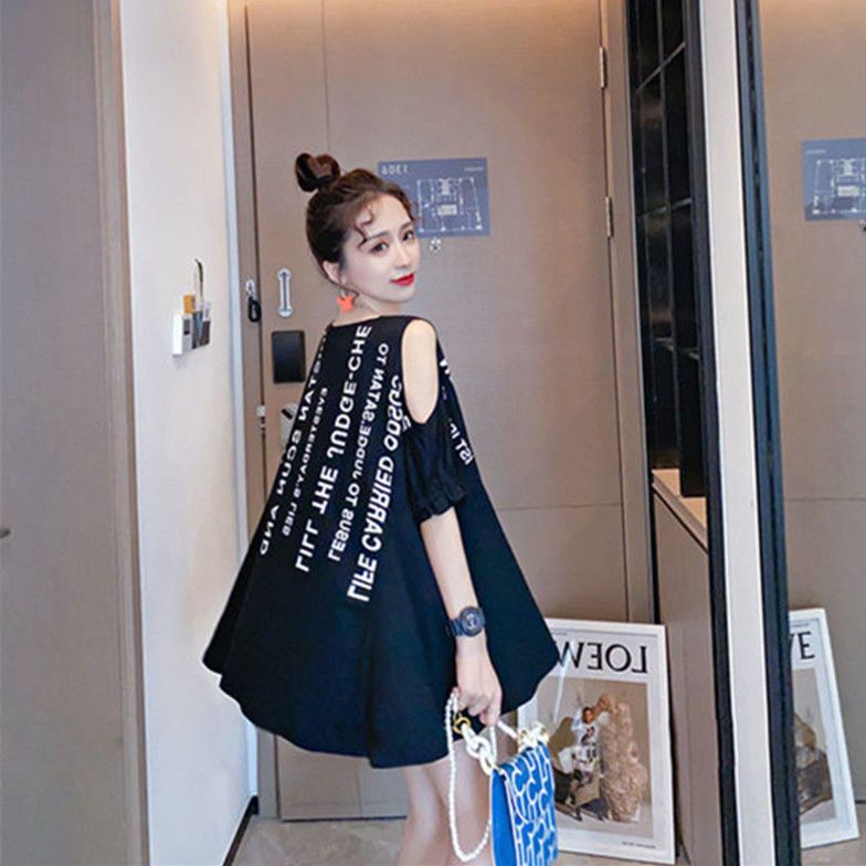 Fat MM extra large size 300 catties off-the-shoulder T-shirt skirt  summer loose belly hidden meat showing thin printed dress